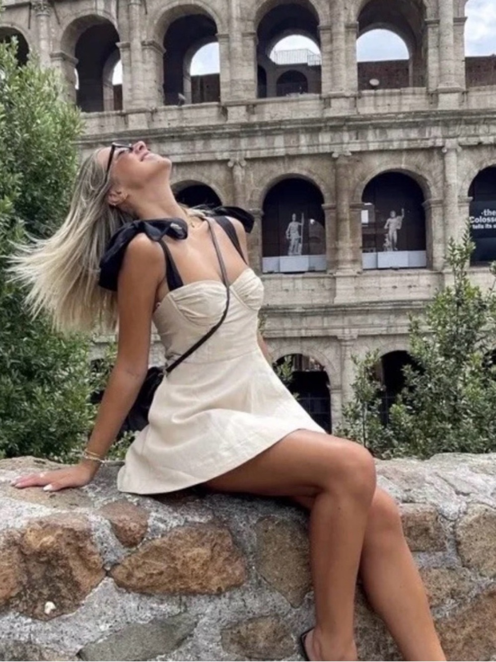 Zara Cream Mini Ruffle Dress with Black Tie-Straps - Picture 2 of 4